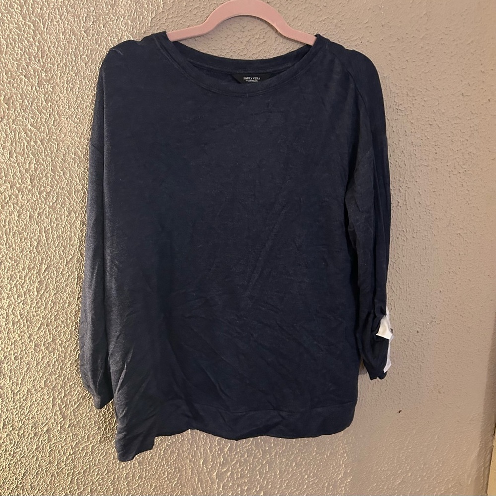 Simply Vera Long Sleeve Navy Shirt Size L Adjustable Sleeves Bows Coquette